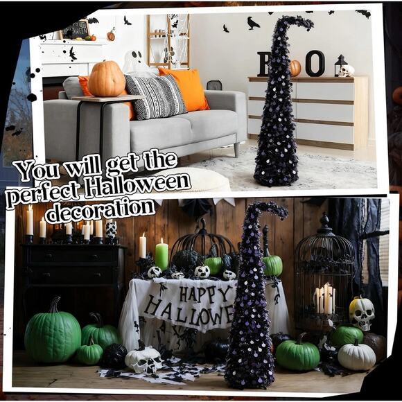 5 ft Black Curved Top Halloween Tree Artificial Crooked Neck Hinged Spruce *read - Picture 4 of 16